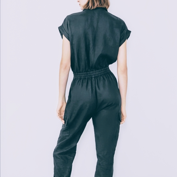ZARA 100% Linen Cap Sleeve Zip Front Jumpsuit XS NEW - Picture 3 of 9